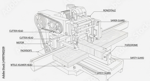 Detailed technical diagram of a woodworking planer machine, showcasing its internal components and operational mechanism for timber processing and surface finishing