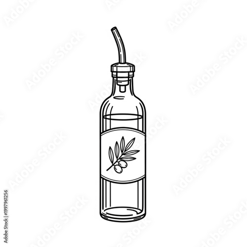 Illustration of a glass bottle with olive oil and label
