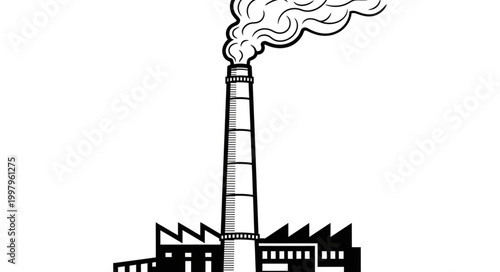 Industrial chimney emitting smoke, representing factories and manufacturing processes with a silhouette of a building complex below