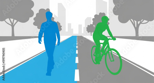 Man walking and woman cycling on separate paths in city.