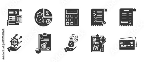 Accounting and tax  icon glyph icon set collection. Icon pack contain Accounting, Tax,  Calculator, Invoice, Receipt, Financial, report, Budget, Audit, Payment
