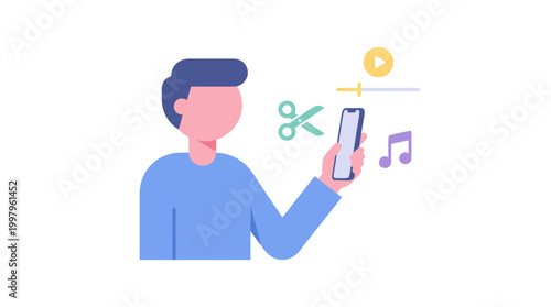 Flat vector illustration of content creator editing vertical short-form video on smartphone.