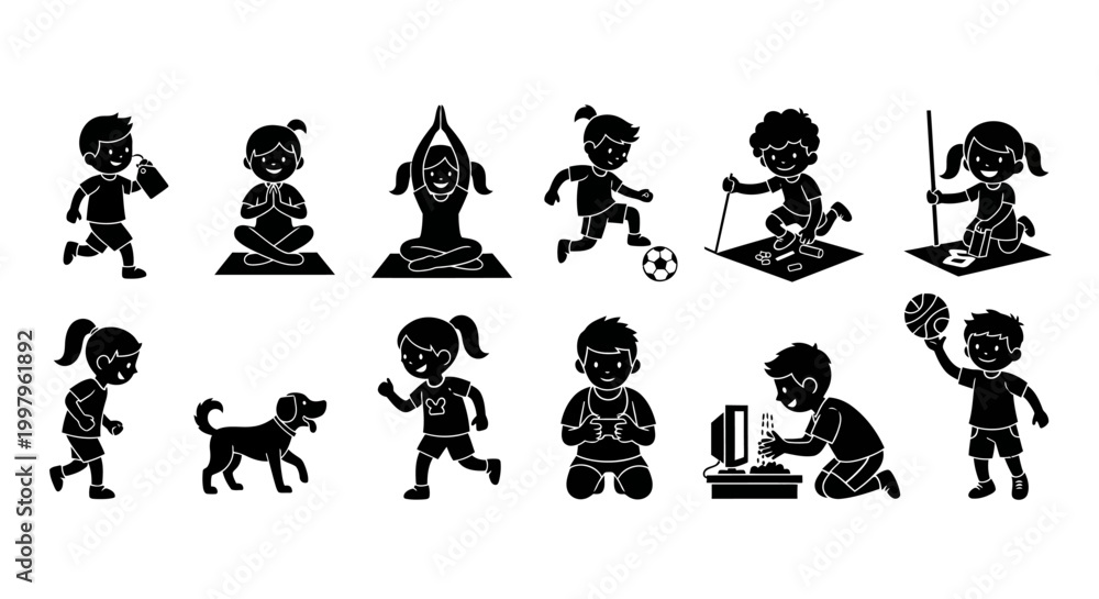 Obraz premium Set of Children Activities Silhouettes Icons