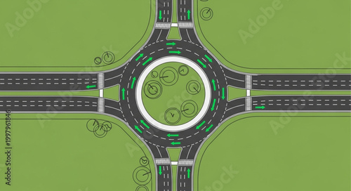 Aerial View of a Complex Roundabout Intersection with Multiple Lanes.