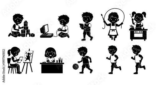 Set of Children Activities Silhouettes Icons