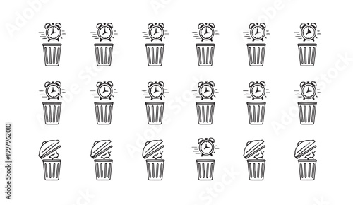 Alarm clocks and sandwiches in trash cans during a conceptual illustration