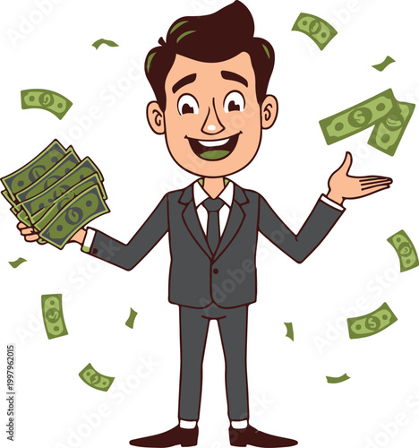 Happy businessman holding cash bills with money flying around him vector character design.