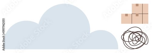 Cloud storage, logistics, data management, digital organization, problem-solving, technology solutions. Cloud shape, tangled wire cardboard boxes. Cloud storage and logistics concepts