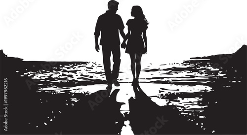 Couple walking on beach holding hands at sunset silhouette romantic.