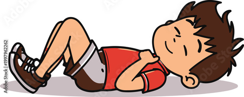 Little boy lying on the floor in a relaxed pose wearing casual red shirt and blue shorts.
