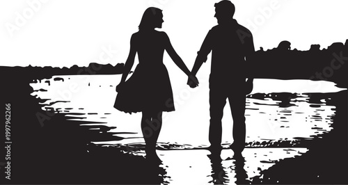 Silhouette of a loving couple walking hand in hand on a beach shore during sunset time.
