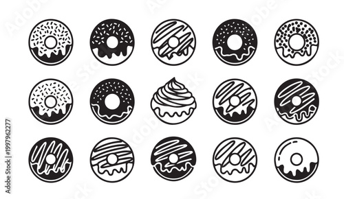 Assorted donut icons with simple line art in black and white on a white background