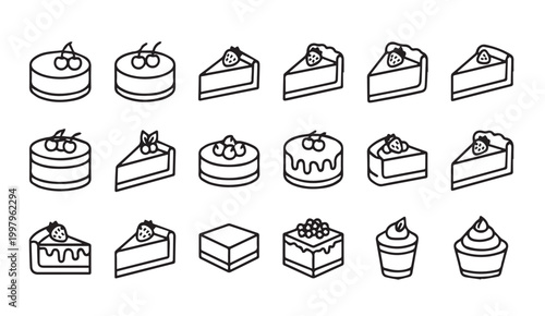 Assorted cake and cupcake icons with berry toppings in a clean line art style