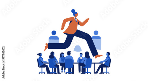 Businesswoman leaping over a meeting table, symbolizing career growth, leadership, and overcoming corporate obstacles in a minimalist flat vector illustration.