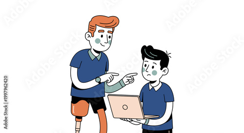 Disabled Man with Prosthetic Leg and Arm Mentoring Colleague on Laptop, Inclusive Workplace Diversity Illustration