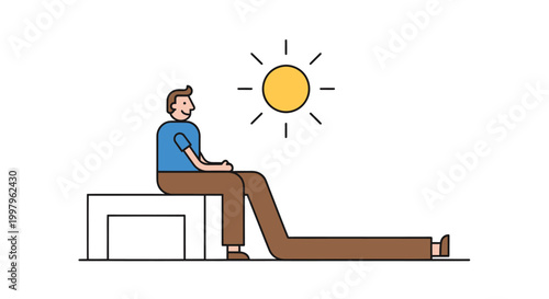 Conceptual Illustration of a Man with Elongated Legs Sitting on a Bench Under the Sun Representing Patience and Waiting