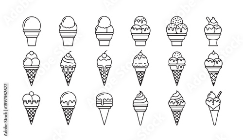 Assorted ice cream cones in simple outline style for graphic design
