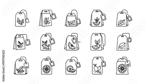 Assorted herbal tea bags with fruit and leaf illustrations in a clean line drawing style