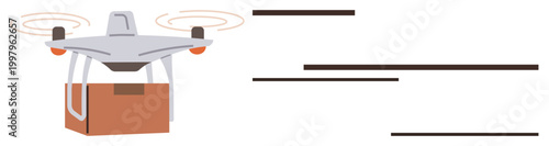 E-commerce, logistics, autonomous delivery, innovation, technology, fast shipping solutions. quadcopter with package in mid-flight. Logistics and autonomous delivery highlighted in this image