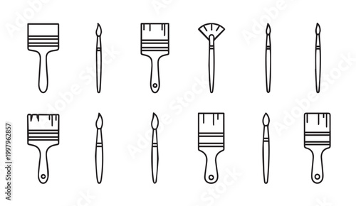 Assorted paint brushes in a clean line art style against a white background