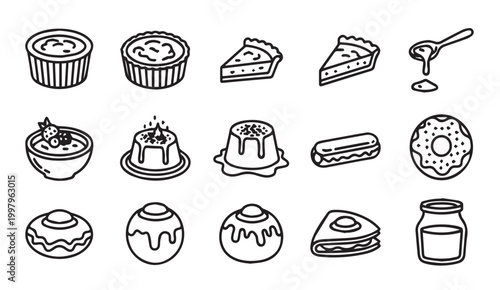 Assorted Sweet Desserts and Pastries Collection in Outline Style