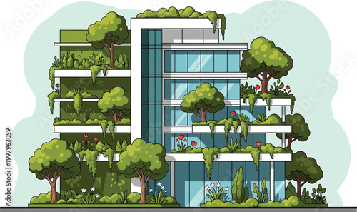 Sustainable Building with Green Roof and Balconies in Modern Architecture