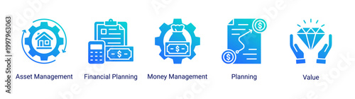 Financial planning icon set featuring asset management,money management,and planning icons.Suitable for financial advisory and business planning.