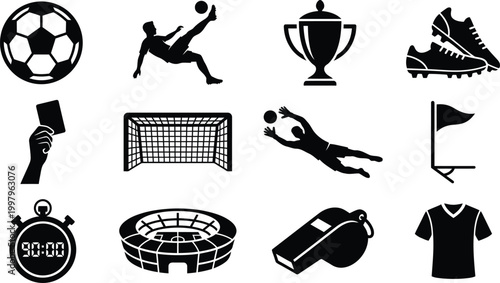 Black soccer icons set including ball player trophy cleats goal flag and timer on white background for sports design