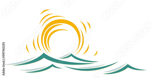 A symbol of dawn of the sun with a blue wave.