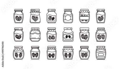 Assortment of Jar Icons with Berries and Labels for Food Packaging and Design