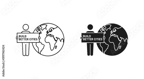 Global urban development icon set with person holding sign and earth globe, white background, vector Illustration