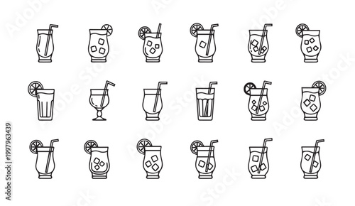 Assortment of stylized cocktail and beverage icons with citrus garnish and straws