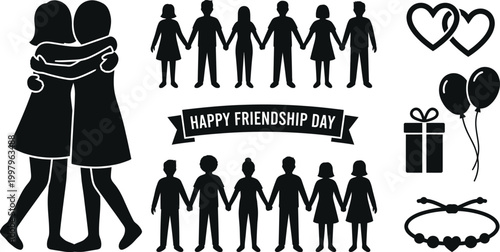 Friendship symbols including two friends hugging a group of people holding hands and icons of hearts balloons and a bracelet to celebrate friendship day