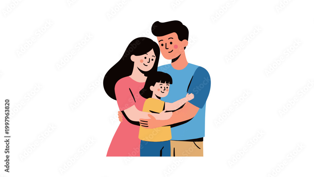 Obraz premium Happy Family Standing Together Hugging Flat Vector Illustration Minimal Style