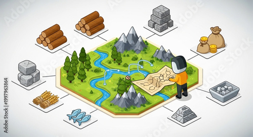 Isometric Game Map Strategy Resources Management Concept.