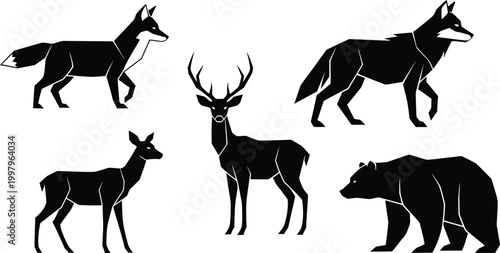 Black Silhouettes of Deer, Fox, and Bear on White Background