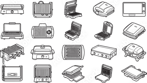 A selection of various cooking grill, from different angles and styles, set on a simple background, offering versatile culinary possibilities.