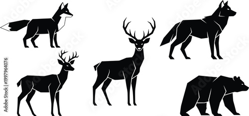 Black Silhouettes of Deer, Wolf, and Bear on White Background