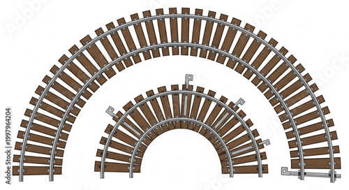 Curved Train Tracks Section Isolated on White Background.