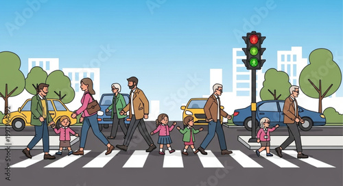 People crossing street at crosswalk with traffic light.