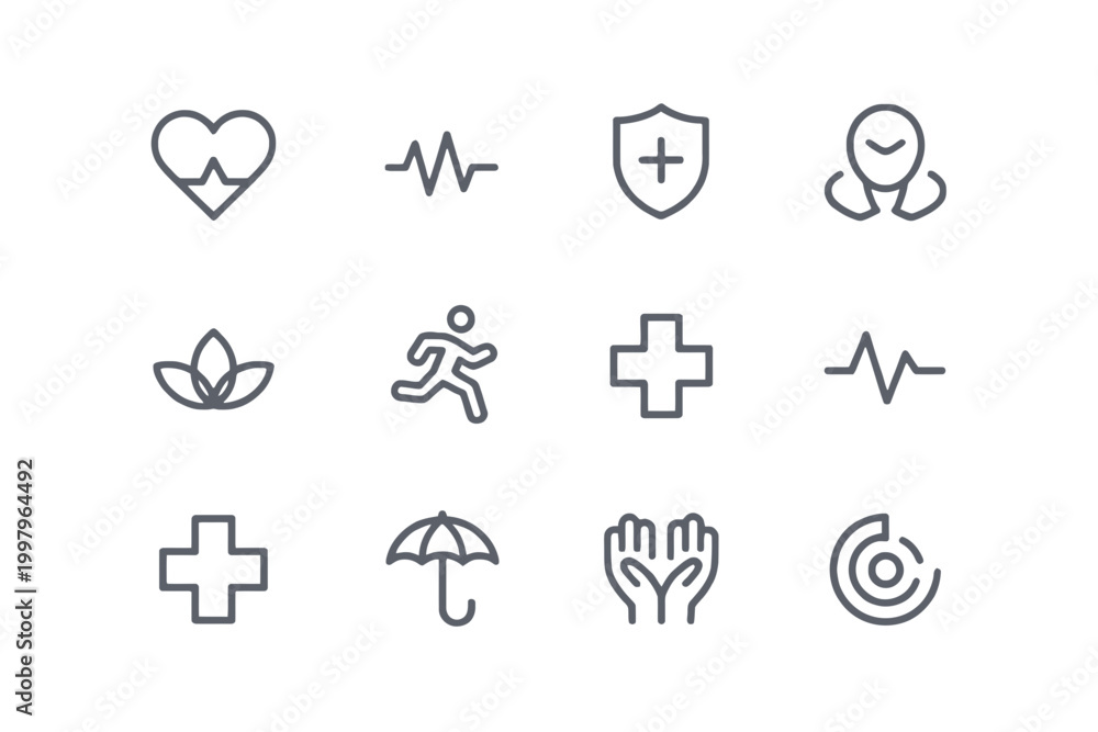 Fototapeta premium Health monitoring line icon set with heartbeat pulse and medical check symbols