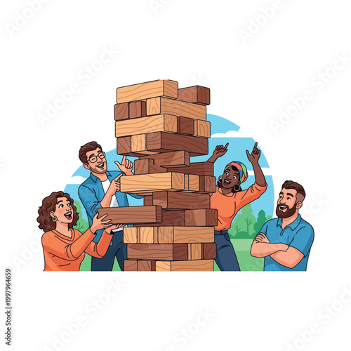Four friends play Jenga outdoors on a sunny day with laughter and excitement