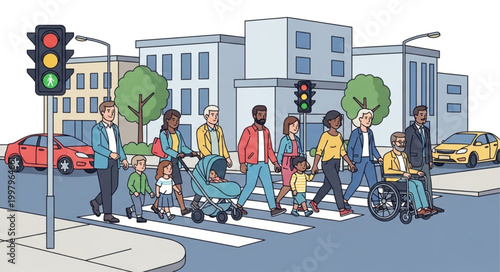 Diverse group of people crossing a busy city street at a crosswalk.