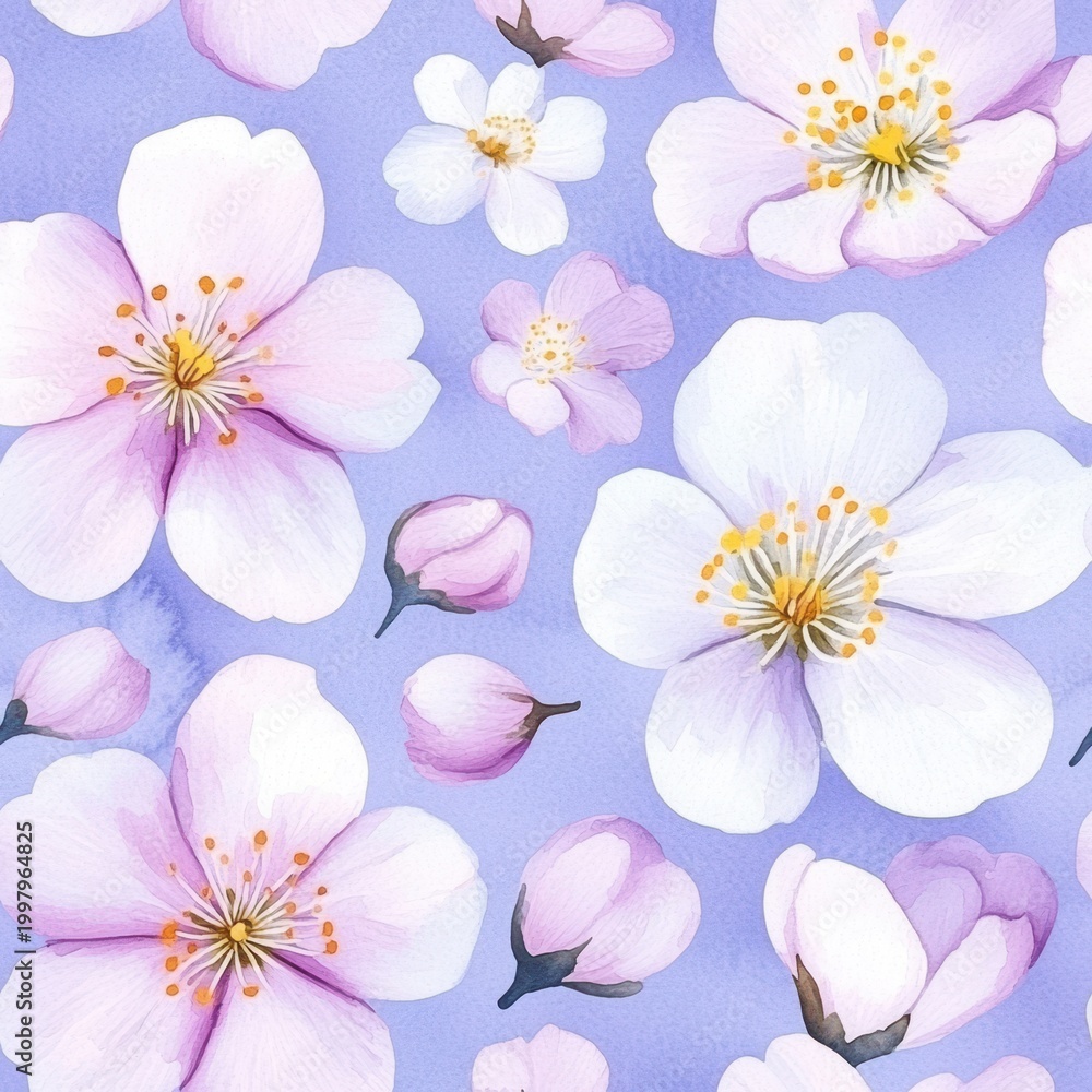 Fototapeta premium Delicate watercolor cherry blossoms bloom in soft pastel shades on a lavender background