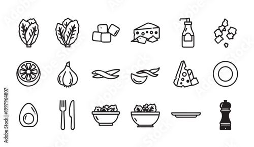Caesar Salad Ingredients Icons with Clean Outline Style for Food Service