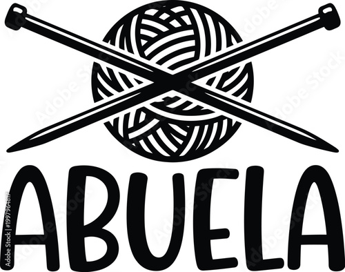 Quadro su tela Abuela knitting vector illustration, ball of yarn with crossed needles, black an