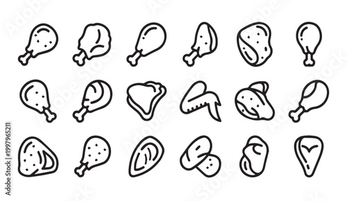 Chicken Cuts Icons With Simple Outline Style During Isolated White Background