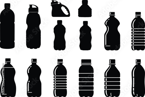 Collection of black silhouette bottle icons and shapes for various liquids