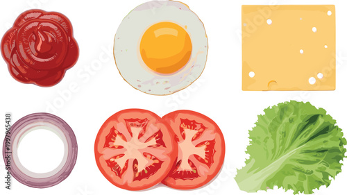 Set of Fast Food Toppings Including Ketchup, Egg, Cheese, Tomato, Onion, and Lettuce for Culinary and Burger Content