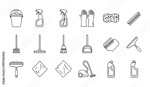 Cleaning supplies and tools arranged in a grid on a white background vector illustration